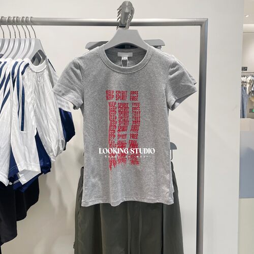 UR&DC2025夏季新款时尚休闲撞色字母印花修身圆领短袖T恤女短上衣