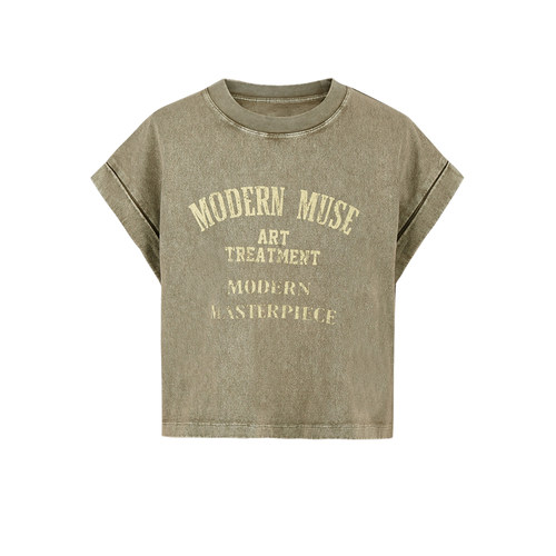 UR&DC2026夏季新款美式复古撞色做旧印花宽松棉短袖T恤女短款上衣