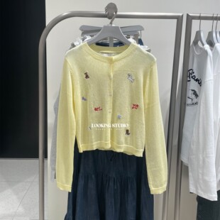 UR&DC2026春季 都市粉彩风萌宠趣味刺绣圆领长袖 针织开衫 女薄 新款