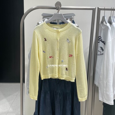 UR&DC2026春季新款都市粉彩风萌宠趣味刺绣圆领长袖针织开衫女薄