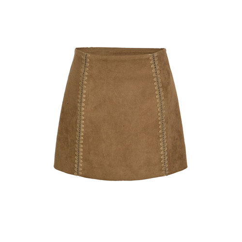 UR&DC2025夏季新款复古美拉德缝线新年战袍A字裙半裙麂皮棕色短裙