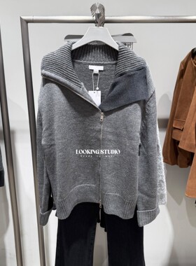 UR&DC2026春季新款设计感潮流不对称开襟罗纹翻领长袖针织开衫女