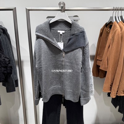 UR&DC2026春季新款设计感潮流不对称开襟罗纹翻领长袖针织开衫女