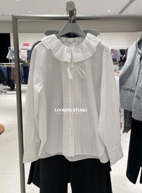 UR&DC2026春季新款甜美风蕾丝花边压褶系带娃娃领白色长袖衬衫女