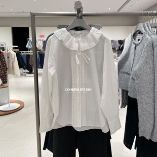 UR&DC2026春季新款甜美风蕾丝花边压褶系带娃娃领白色长袖衬衫女