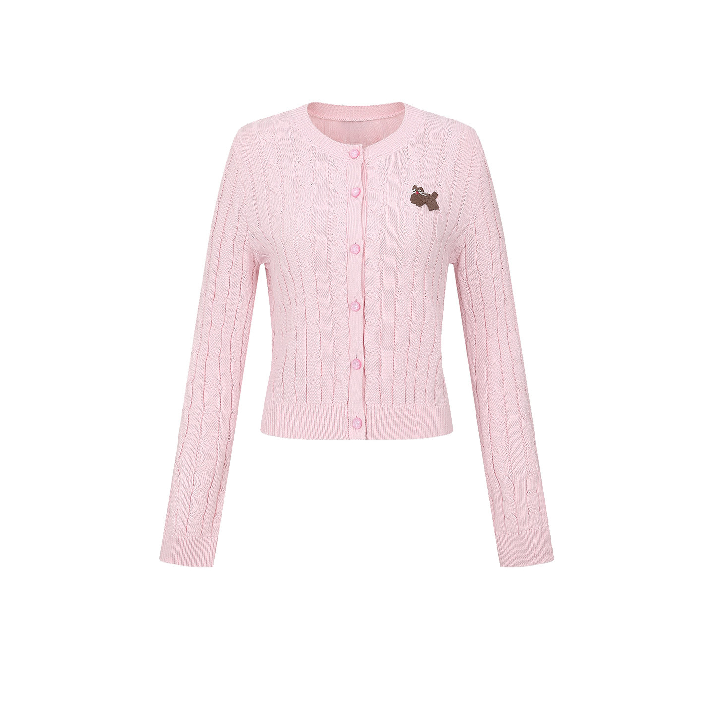 UR&DC2025秋季新款粉色甜美减龄潮流绞花刺绣圆领短款针织开衫女