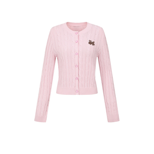 UR&DC2025秋季新款粉色甜美减龄潮流绞花刺绣圆领短款针织开衫女