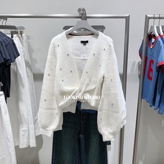 UR&DC2025秋季新款法式简约格雷系钉珠装饰扭结长袖针织衫女上衣