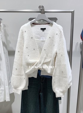 UR&DC2025秋季新款法式简约格雷系钉珠装饰扭结长袖针织衫女上衣