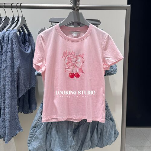 UR&DC2025夏季新款时尚休闲甜美撞色蝴蝶结印花纯棉圆领短袖T恤女