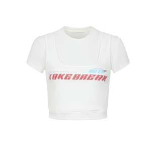 UR&DC2025夏季新款法式时尚假两件撞色字母印花短袖T恤女短款上衣