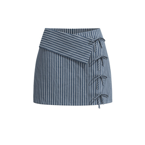 UR&DC2025夏季新款设计感撞色条纹蝴蝶结装饰不规则半裙高腰短裙