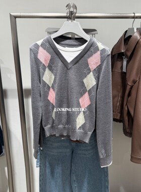 UR&DC2026春季新款都市假两件撞色菱格提花长袖针织衫女短款上衣