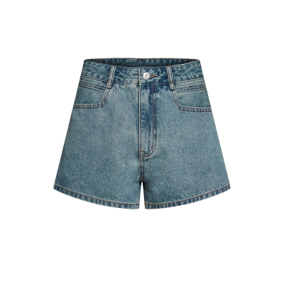 UR&DC2025夏季通勤风复古水洗休闲百搭蓝色牛仔短裤女薄款直筒裤