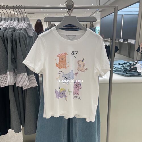 UR&DC2026夏季新款都市撞色假两件斜肩修身印花圆领短袖T恤女上衣