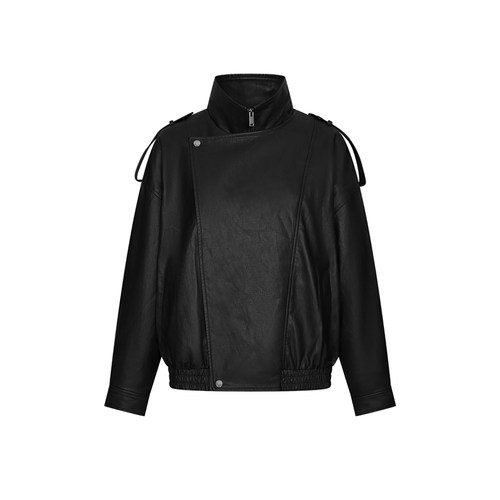 UR&DC2026冬季新款潮流机能风斜拉链立领超宽松PU皮衣女短款外套
