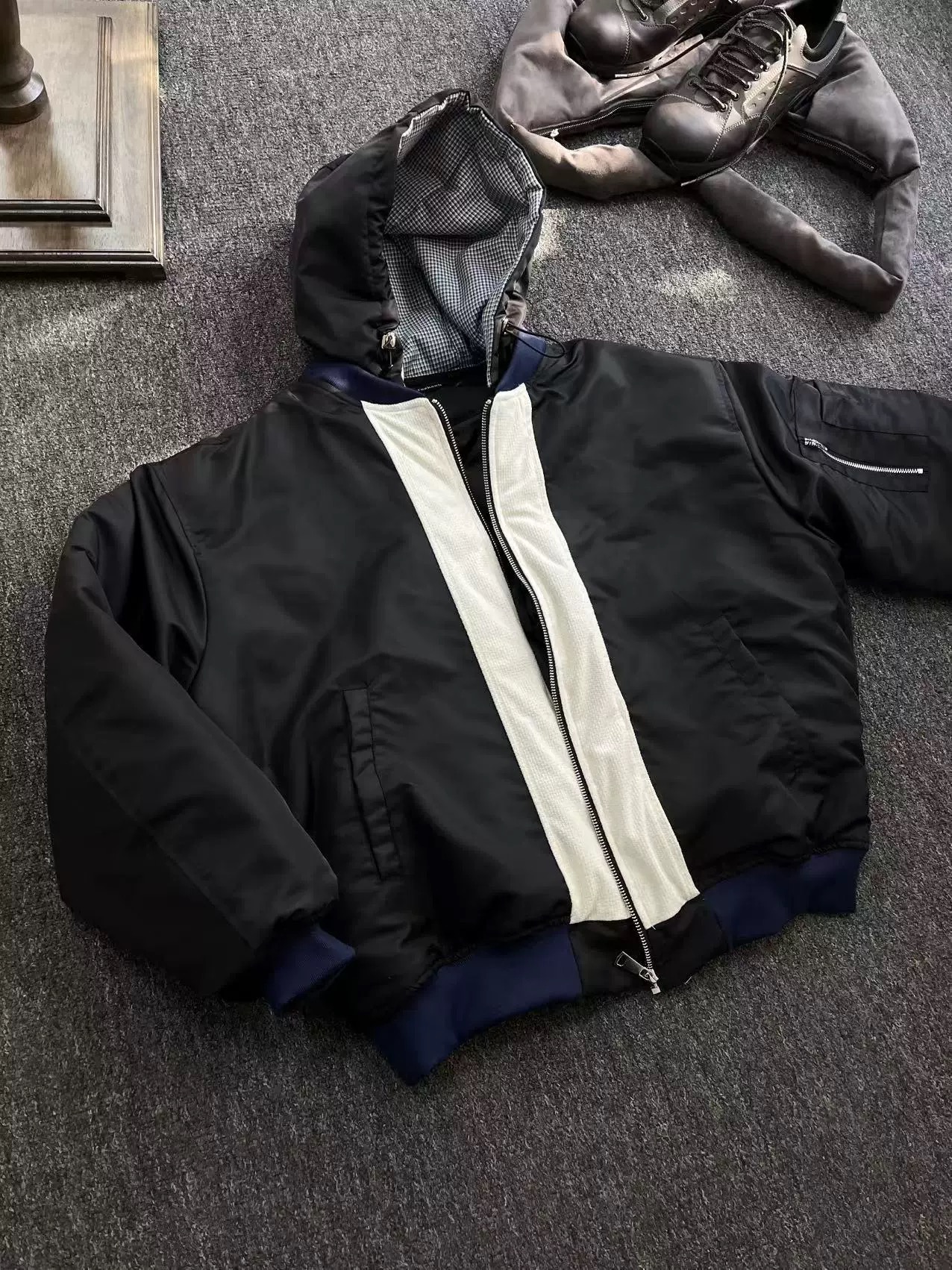 La chute/TazkenS千鸟格bomber拼接撞色夹克cleanfit棉服外套