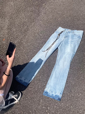 La chute/TazkenS冰蓝闪电纹理水洗牛仔裤双层裤脚微喇cleanfit