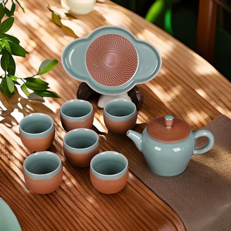 精品青瓷中式复古手工跳刀功夫茶具小套装陶瓷家用茶具杯壶组合