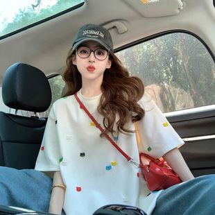 后包领重工彩色绣花短袖 200克纯棉食毛 t恤女宽松潮牌上衣