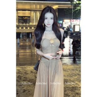 Crainfull 气质网纱手工编织绳抹胸性感连衣裙带胸垫 波塞冬