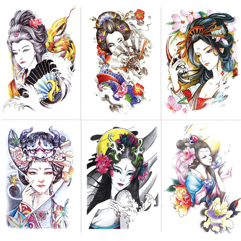 古典美女艺妓彩色大图花臂半臂防水纹身贴纸仿真刺青身体彩绘贴画