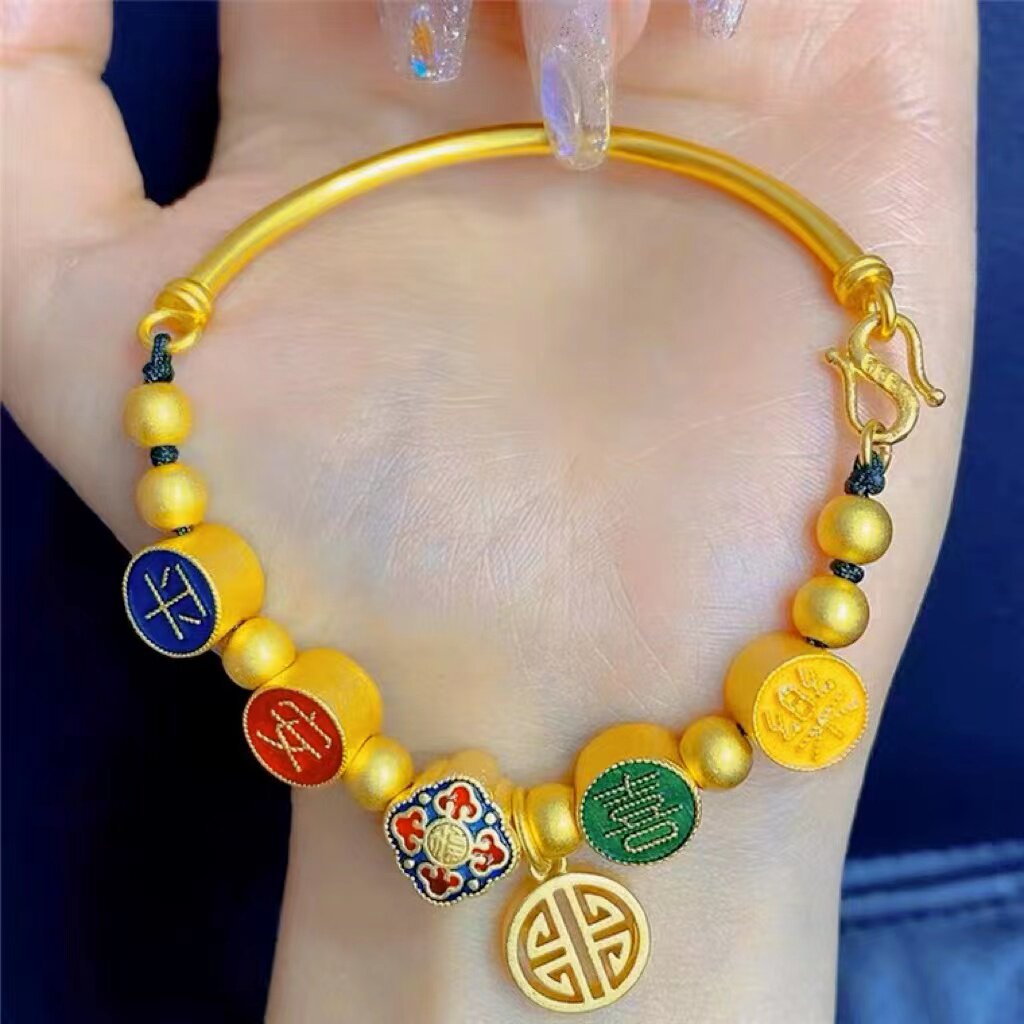 沙金平安喜乐福牌手链搭配弯管女款实心珠子越南沙金仿真黄金手串