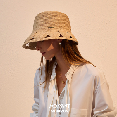 MOREZON【Mossant】26春夏新款设计师拉菲草编织镂空帽檐渔夫帽子