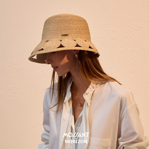 MOREZON【Mossant】26春夏新款设计师拉菲草编织镂空帽檐渔夫帽子