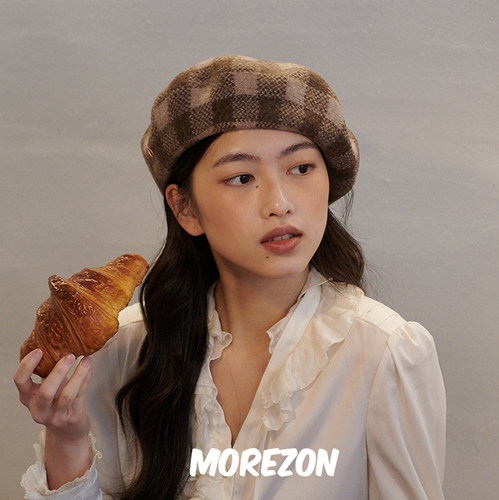 MOREZON【SHINJEO Check Beret】设计师秋冬潮人格子羊毛贝雷帽子