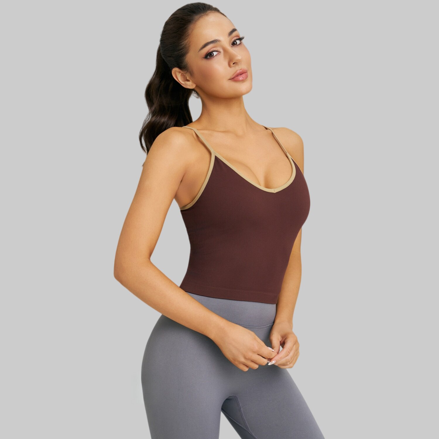 新款内搭吊带运动背心文胸一体式瑜伽服女撞色肩带可外穿防震内衣