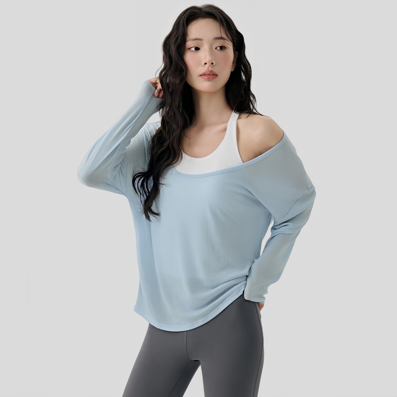 高级感瑜伽服女套装叠穿透气长袖罩衫普拉提带胸垫运动背心两件套