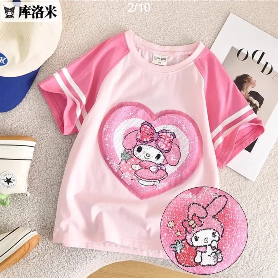 库洛米衣服女童亮片变色衣服儿童美乐蒂卡通棉可变图案短袖t恤酷