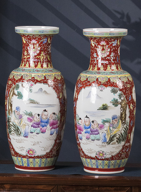 景德镇高端陶瓷大号花瓶高60cm复古对瓶客厅电视柜博古架插花摆件