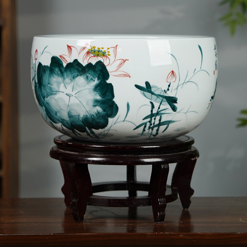 景德镇陶瓷手绘青花瓷小号金鱼缸客厅桌面养乌龟睡莲荷花盆风水缸