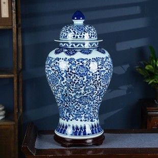景德镇陶瓷中式手绘大号青花瓷将军罐花瓶客厅玄关博古架仿古摆件