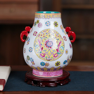 景德镇陶瓷高端手绘小花瓶珐琅彩福筒瓶客厅玄关酒柜仿古收藏摆件