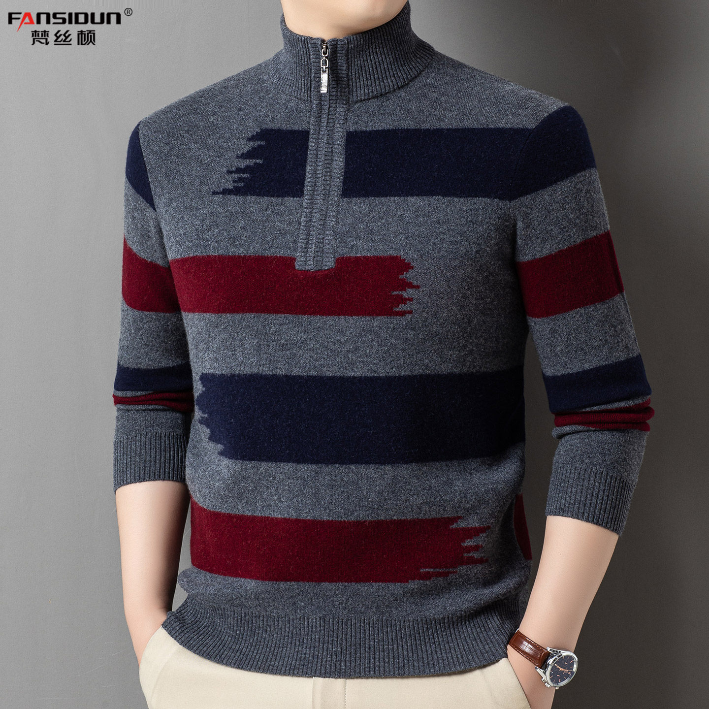 男士纯羊毛衫2025新款冬季加厚保暖高领毛衣半拉链提花条纹针织衫