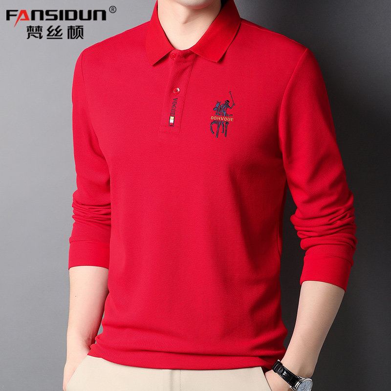 纯棉长袖T恤 男士POLO衫休闲潮本命年虎年大红色体恤有领子上衣服