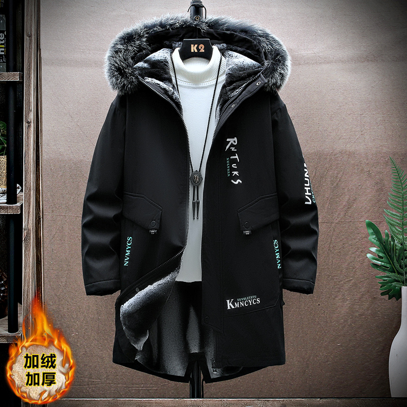 男士中长款派克服韩版潮流外套春秋冬季风衣加绒加厚连帽毛领夹克