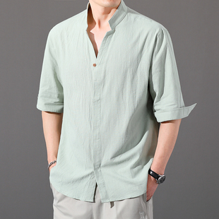 衬衫男士短袖2026年新款棉麻七分袖衬衣外套夏季修身亚麻青年男装
