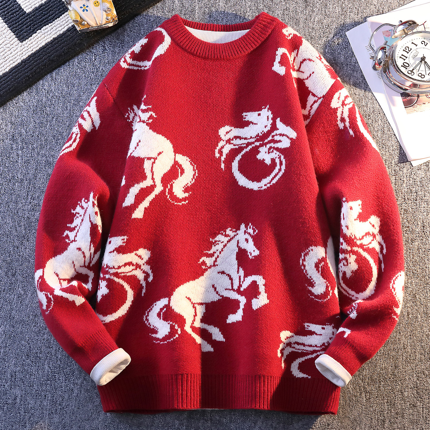 马年本命年毛衣大红色男