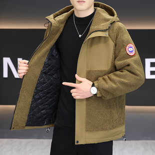 冬季羊羔绒夹克男士连帽潮牌男装休闲夹棉加厚保暖颗粒绒棉服外套