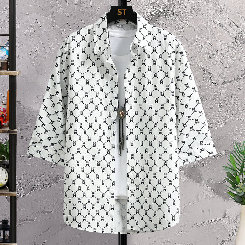 夏季新款七分袖衬衫男短袖休闲薄款冰丝衬衣潮流男士青年中袖衣服