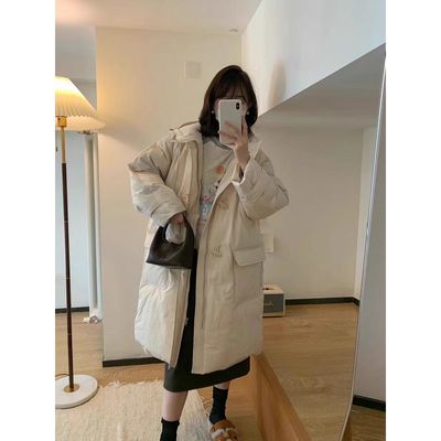 冬季新款韩国东大门br*ni连帽牛角扣新国标90白鸭绒长款羽绒服女