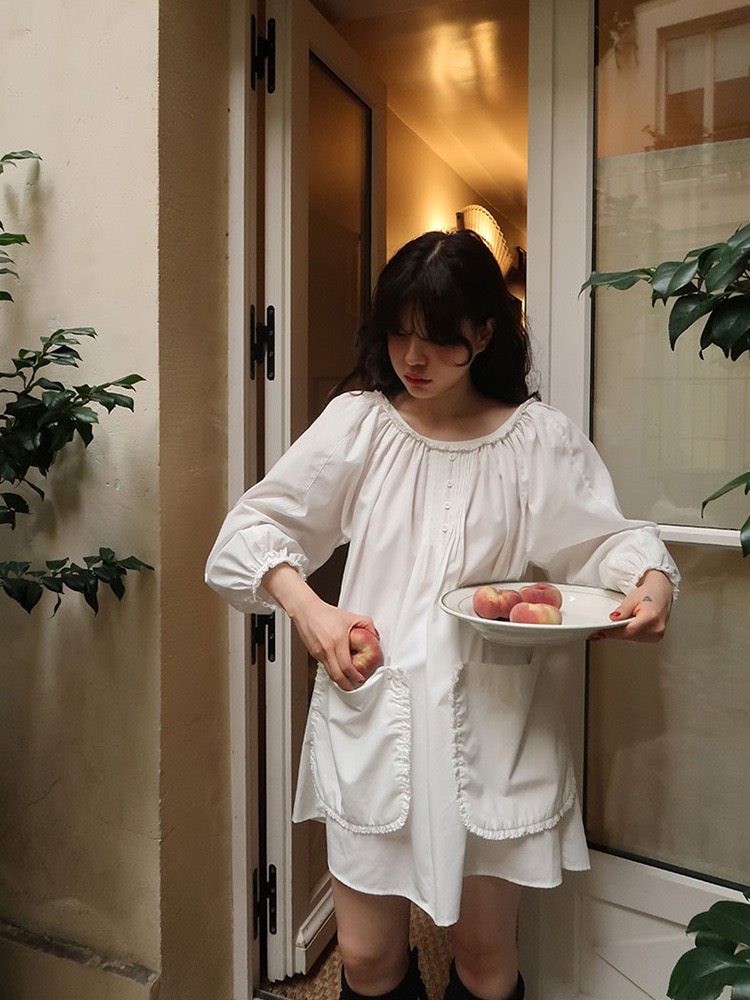 现货 女士花边口袋连衣裙春夏法式女绑带青春感纯色裙子