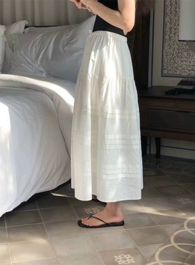 韩国OU*CE系带松紧腰宽松纯棉白色半身裙简约显瘦夏季蛋糕长裙夏