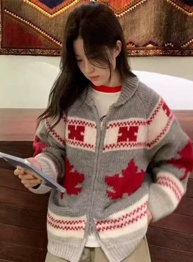韩国FURE枫叶编织提花翻领长款毛衣外套女秋冬加厚复古针织开衫女