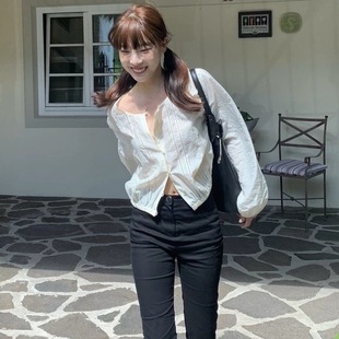 韩东大门早春新款 tan*at全秀林同款蕾丝休闲短款衬衫全棉上衣女