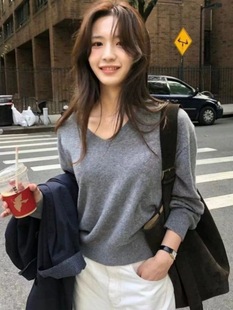 Bar 韩国东大门th net纯色毛衣V领基础款 长袖 秋季 针织羊毛衫 新款